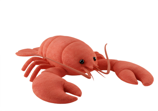 A plush red lobster toy sits on a white surface with simple cartoonish features