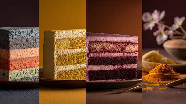 Four visually distinct cakes in vibrant vertical sections with unique colors and textures