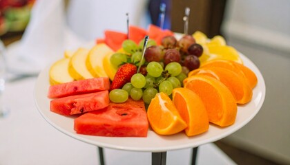 Assorted sliced fruits like watermelon, cantaloupe, grapes, and citrus segments  arranged on a round white ceramic plate