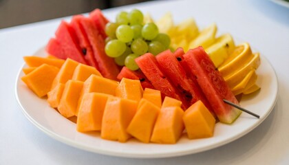 Assorted sliced fruits like watermelon, cantaloupe, grapes, and citrus segments  arranged on a round white ceramic plate