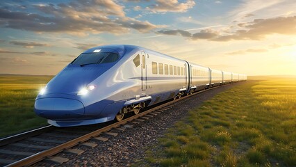 Naklejka premium A modern high-speed train embarks on a railway journey through a scenic landscape at sunset, symbolizing progress.