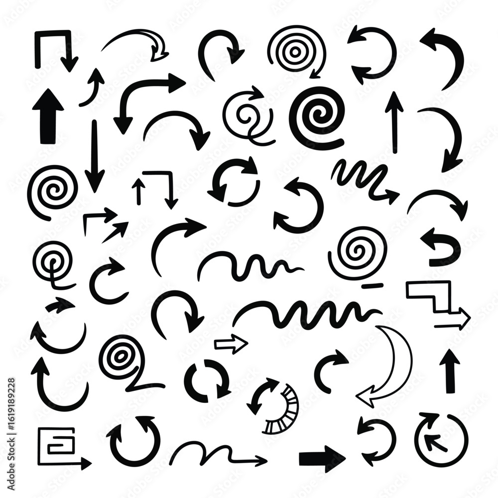 Poster Vector art of a diverse collection of handdrawn arrows and pointers in various styles and directions