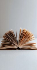 Open book with creamy pages fanned out, resting on a light surface against a bright backdrop