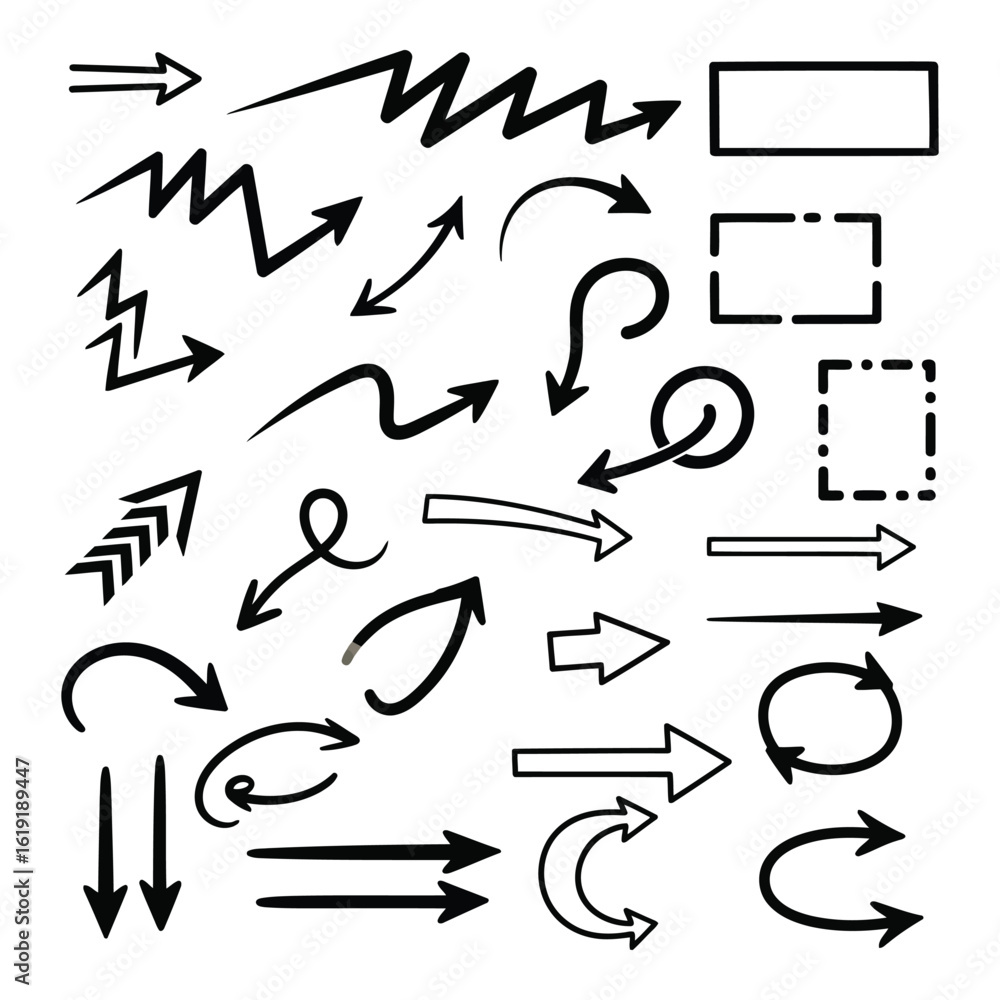 Poster vector art of a diverse collection of handdrawn arrows and shapes in various styles and directions