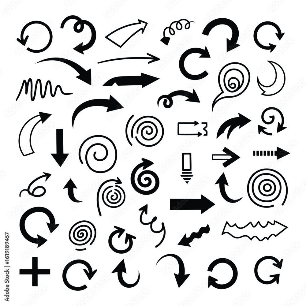 Poster vector art of a diverse collection of handdrawn arrows and pointers in various shapes and directions