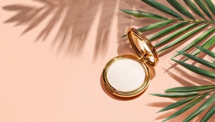 A gold compact of face powder rests on a peach background, adorned by a palm frond casting a dramatic shadow