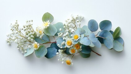 Flat lay of eucalyptus sprigs and delicate white and yellow wildflowers arranged on a white background