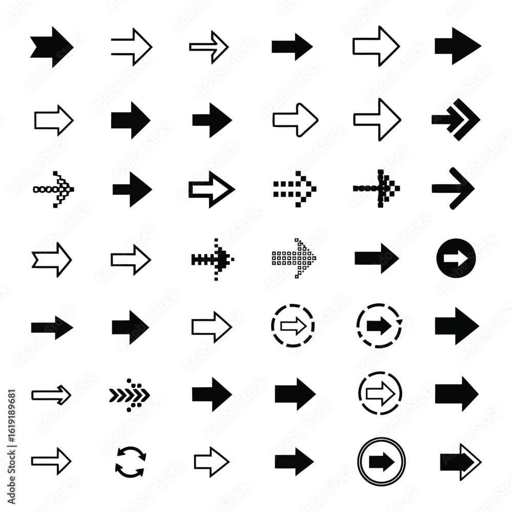 Poster vector art of a diverse collection of arrow icons in various styles and directions, isolated on a wh