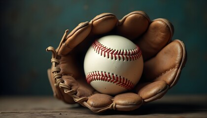 A close-up of a baseball in a brown leather glove