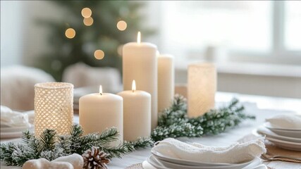 Beautifully lit candles and festive decorations set a warm, inviting ambiance for Christmas celebrations. Holiday pinecones and ornaments adorn the table with a natural touch. - Powered by Adobe