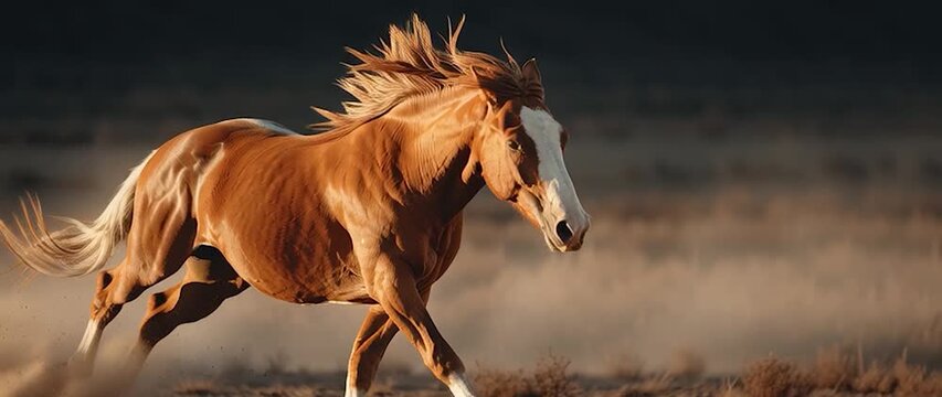 Anamorphic video Galloping Chestnut Horse in Dusty Light. Perfect for stock footage related to equestrian themes, nature, wildlife, rural scenes, adventure, and animal behavior.