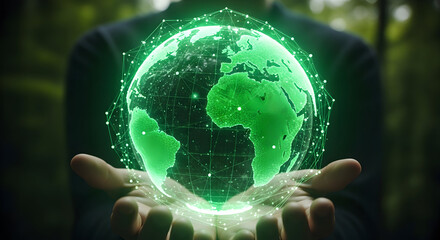 Digital Earth in Human Hands Representing Global Connectivity and Environmental Responsibility