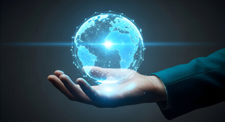 Hand Holding Glowing Digital Earth Representing Global Network and Future Technology
