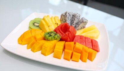 Slices of fresh tropical fruits like mango, kiwi, dragon fruit, and pineapple artfully placed on a clean white ceramic plate