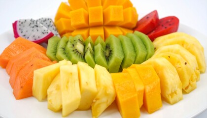 Slices of fresh tropical fruits like mango, kiwi, dragon fruit, and pineapple artfully placed on a clean white ceramic plate