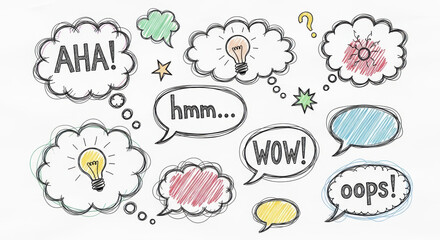 A collection of hand drawn speech bubbles with various expressions and symbols on a white background