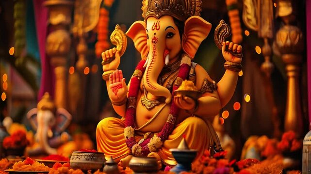 Indian Hindu God Lord Ganesha idol in temple, the remover of obstacles, sitting with his hand raised in blessing. Close-up of a colorful Ganapati idol holding modak sweets, a symbol of prosperity.