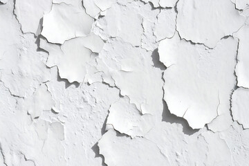 Fototapeta premium Closeup of a weathered white wall with peeling paint, revealing a cracked and rough aged plaster texture.