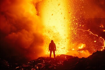 Faceless human silhouette standing near erupting volcano, intense glow, large scale nature vs human concept.
