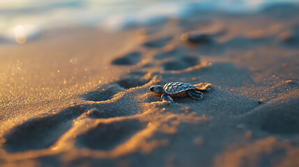 A baby turtle is laying on the sand