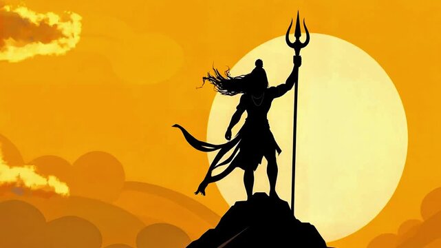 Illustration of Indian God Lord Shiva silhouette for the Hindu festival of Maha Shivratri. Mahadev standing on a mountain peak holding a trident against the full moon. God, spiritual, vector. Bholenat