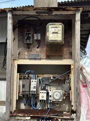 An old, weathered electrical box appears worn and neglected, with numerous tangled wires protruding...