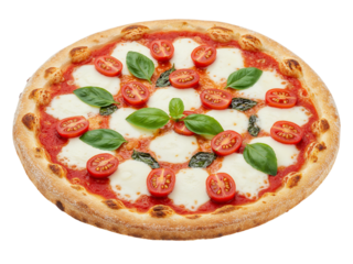 Delicious neapolitan margherita pizza with fresh mozzarella tomatoes and basil isolated on transparent background