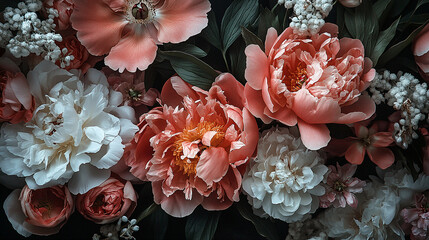 Elegant Peony Flower Bouquet on Dark Background ,A stunning, high-contrast close-up of a dense bouquet of fully bloomed Peonies and assorted delicate filler flowers. ,