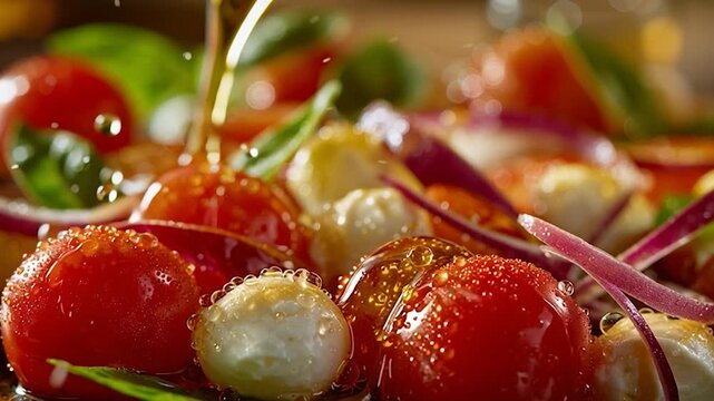 Drizzling Golden Olive Oil on Fresh Caprese Salad. It's perfect for food blogs, recipe sites, healthy lifestyle content, and culinary promotions.