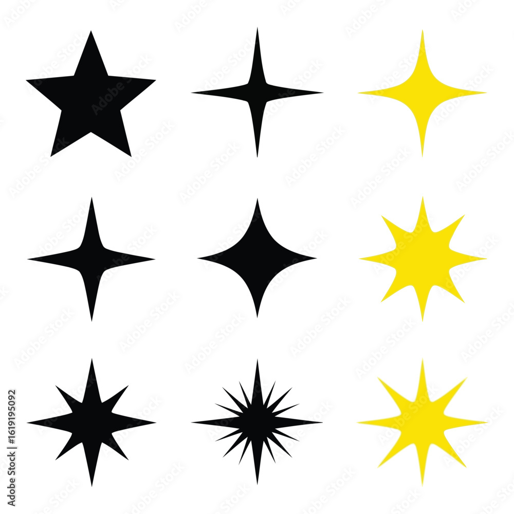 Poster vector art of collection of nine different star shapes and sparkles in black and yellow isolated on 