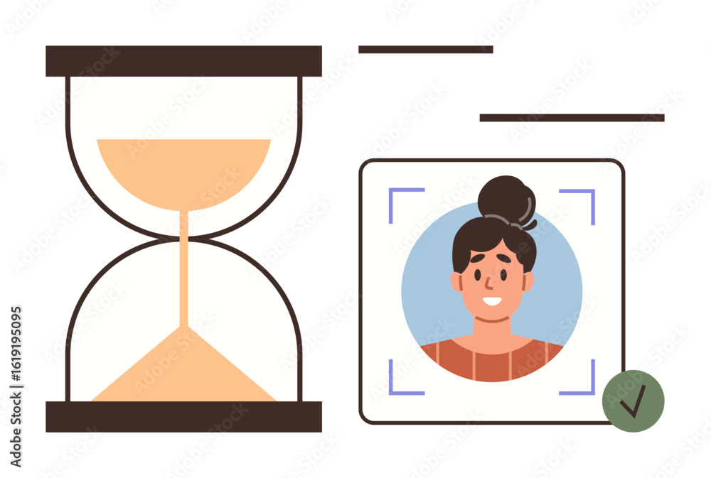 Poster hourglass representing time management beside profile verification with face recognition, tick mark,