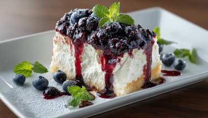 A slice of creamy cheesecake, topped with a rich blueberry compote, garnished with fresh mint and blueberries, served on a rectangular white plate
