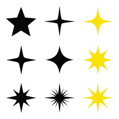 Obraz premium Vector art of collection of nine different star shapes and sparkles in black and yellow isolated on white background