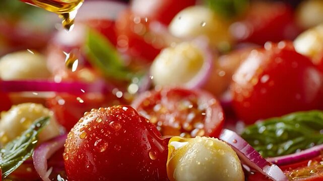 Drizzling Golden Olive Oil on Fresh Caprese Salad. It's perfect for food blogs, recipe sites, healthy lifestyle content, and culinary promotions.
