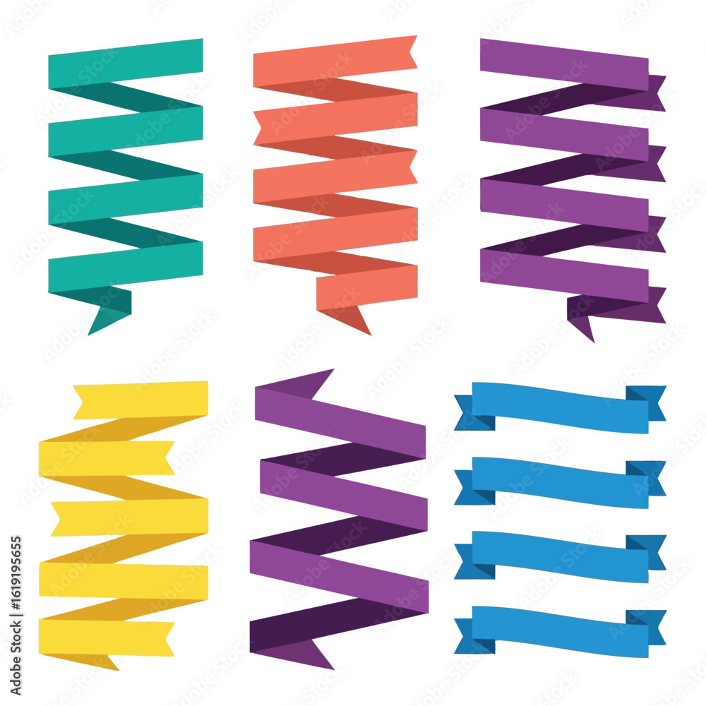 Poster vector art of a collection of colorful ribbon banners and labels in various styles and orientations