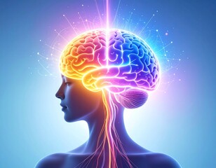Abstract Mental Health & Well-being: Calm Brain Silhouette & Flowing Light. Positive Thoughts & Emotional Balance