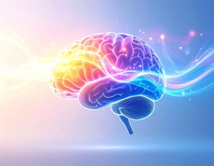 Abstract Mental Health & Well-being: Calm Brain Silhouette & Flowing Light. Positive Thoughts & Emotional Balance
