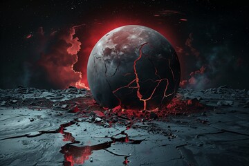 Planet Earth melting and cracking with lava fissures, symbolic global warming disaster concept, black and red surreal lighting.