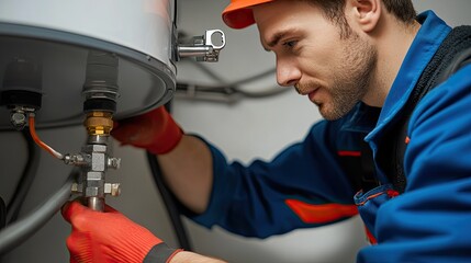 Expert plumber meticulously repairing water heater connections with precision and care for reliable home service, ensuring safety and quality plumbing solutions