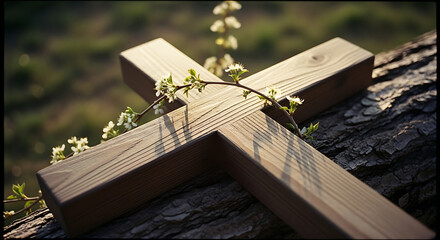 Obraz premium A wooden cross symbolizing faith and rebirth, resting on a rustic log and entwined with delicate flowering branches in a serene forest.