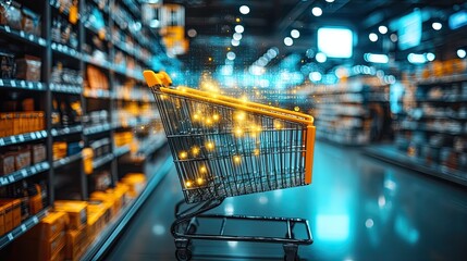 Experience the future of retail with this vibrant shopping cart illustration, perfect for ads, web design, or showcasing e-commerce innovation and modern consumerism