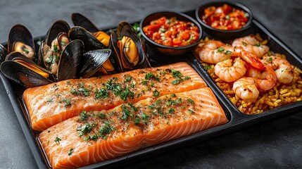 Delicious seafood platter featuring fresh salmon, plump shrimp, mussels, and a flavorful tomato salsa for an elegant dinner or special occasion meal