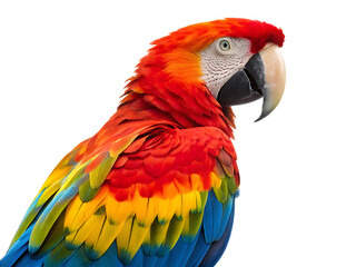 Fototapeta premium Close up view of a vibrant scarlet macaw with bright feathers against a white background looking right
