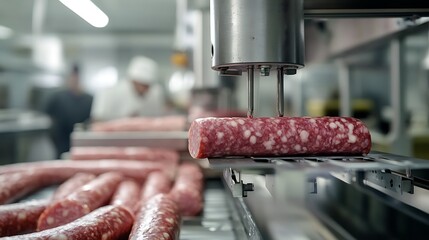 Automated Sausage Production Line Processing Meat in a Factory