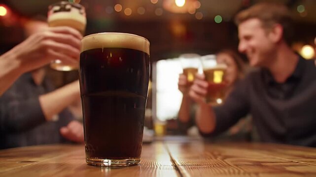 A close-up of a pint of dark beer with a group of friends celebrating and toasting in the background at a pub.