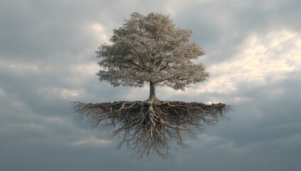 A solitary, leafless tree with extensive roots floats amidst a cloudy, somber sky, its reflection mirrored below