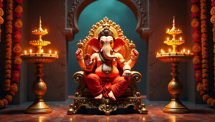 Obraz premium Majestic Lord Ganesha idol in a beautifully lit temple with an intricate backdrop.