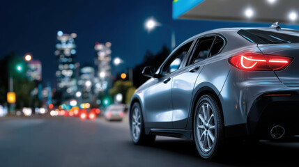 Fototapeta premium Sleek car drives through city at night symbolizing oil tax concept. Oil Tax