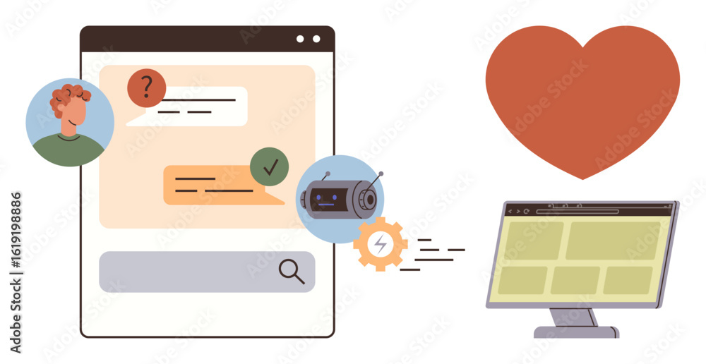 Poster chat interface with user queries and responses, cogwheel automation, desktop screen, big heart for e
