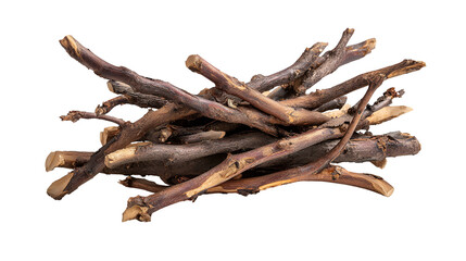 Fototapeta premium Small brown twigs pile isolated black background